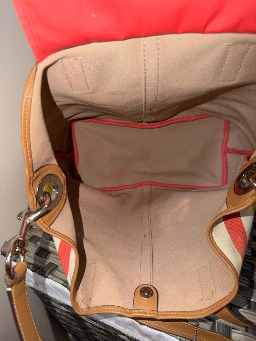 Coach Striped Canvas Tote in Coral, Mustard, Navy & Pink with Tan Leather F30041 - Picture 9 of 16